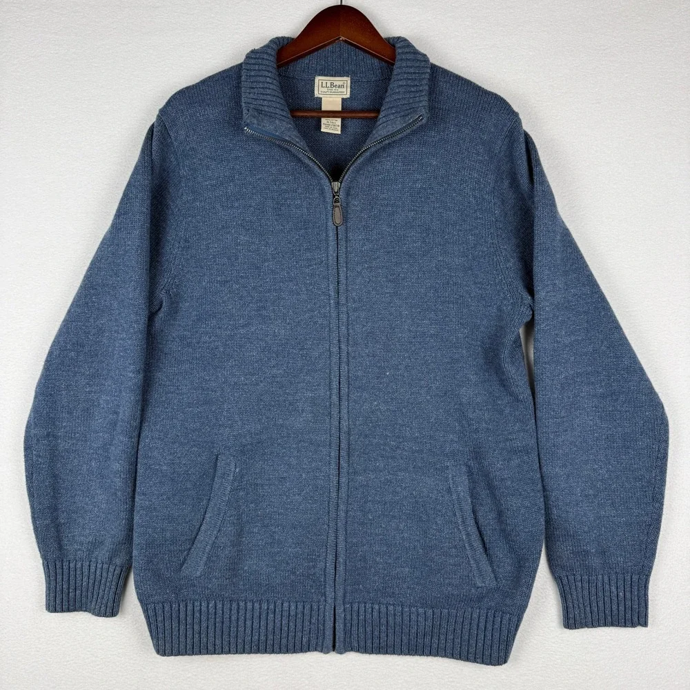 LL Bean Mens M Tall Blue Knit Full Zip Cardigan Sweater Mock Neck 258719